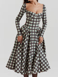 Plaid Sweetheart Neck Corset Bodice Basque Waist Pleated Midi Dress