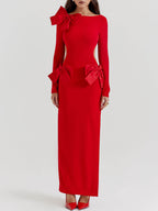 Boat Neck Long Sleeve Oversized Bow Accent Side Waist Cut Out High Slit Maxi Dress