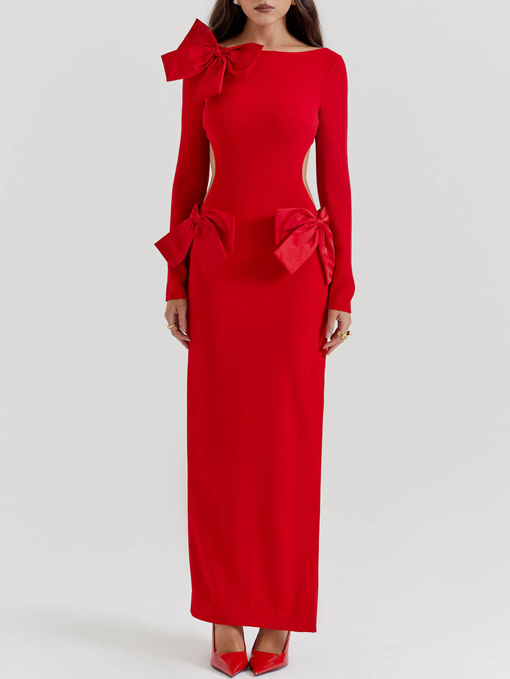 Boat Neck Long Sleeve Oversized Bow Accent Side Waist Cut Out High Slit Maxi Dress