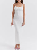 Pointelle Knit Spaghetti Strap Tie Front Ribbed Bodice Maxi Dress