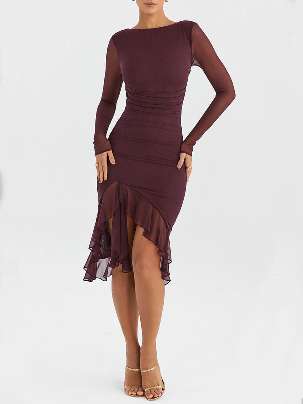 Boat Neck Mesh Sleeve Horizontal Ruched High Low Ruffle Hem Midi Dress
