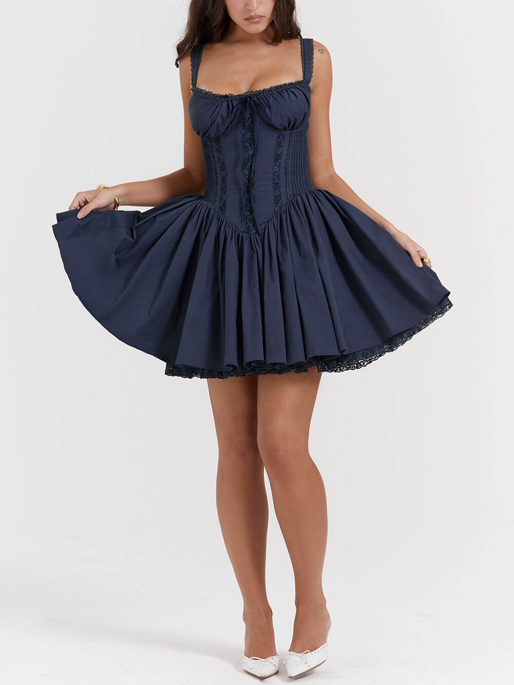 Square Neck Lace Trim Milkmaid Corset Pintuck Pleated Lace Hem Mini Dress