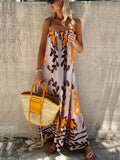 Spaghetti Strap Abstract Scroll Print Swing A-Line Maxi Dress