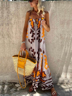 Spaghetti Strap Abstract Scroll Print Swing A-Line Maxi Dress