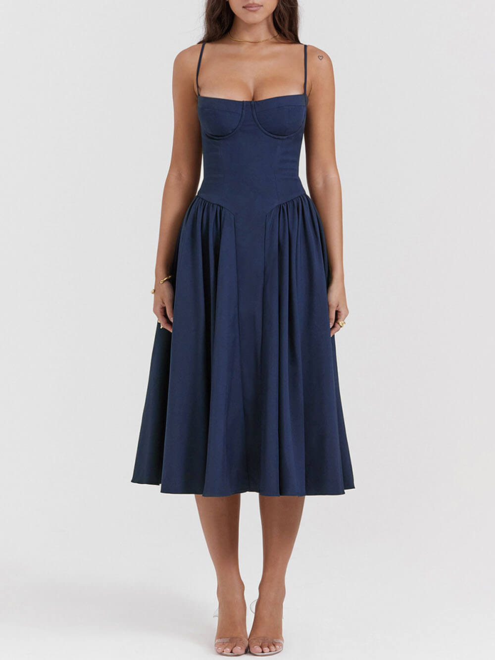 Sweetheart Bustier Dropped Waist Pocket Side Fit and Flare Midi Dress