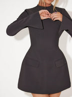 Mock Neck Bell Sleeve Pocket Flap Structured A-Line Mini Dress