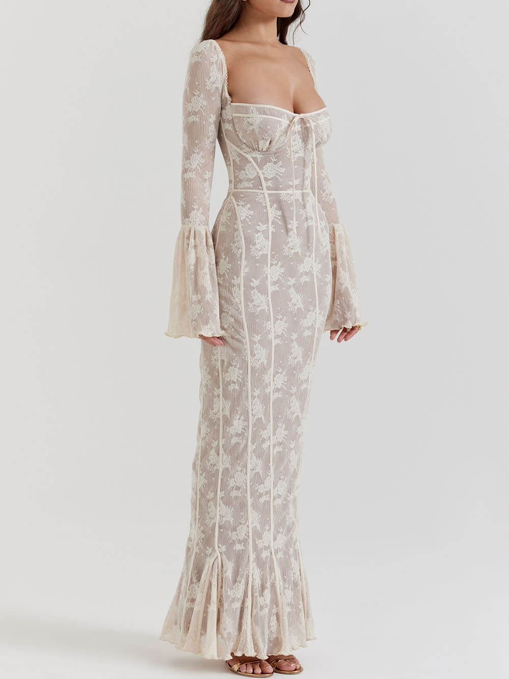 Sweetheart Neck Corset Seam Floral Lace Bell Cuff Mermaid Maxi Gown