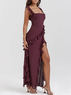 Square Neck Ruffled Strap Diagonal Ruffle Trim High Slit Maxi Dress
