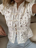 Lace Crochet Stand Collar Button Short-sleeved T-shirt