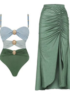 Solid Color Patchwork One-piece Swimsuit Cover-up Skirt Two-piece Set