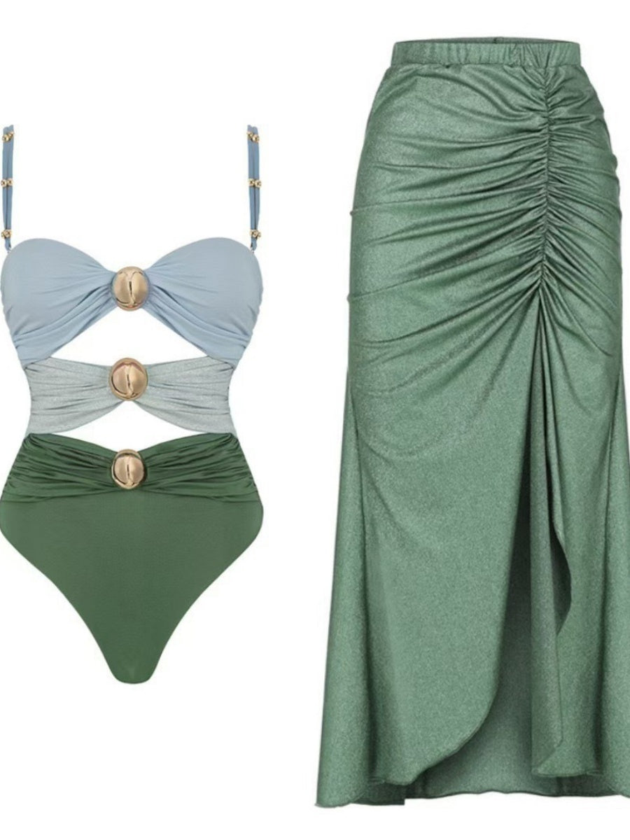 Solid Color Patchwork One-piece Swimsuit Cover-up Skirt Two-piece Set