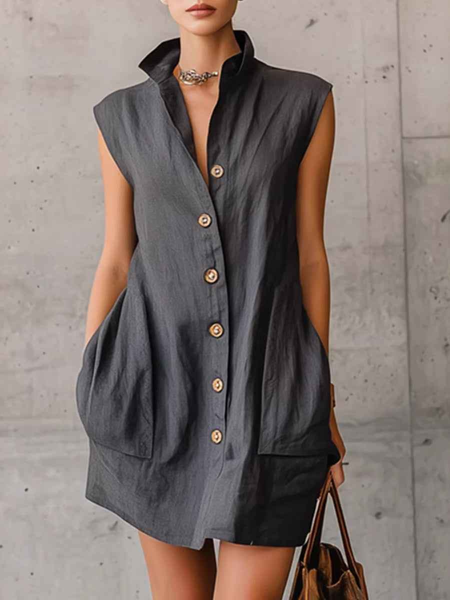 Sleeveless Stand-collar Shirt Dress With Pockets, Vacation Style Short Dress