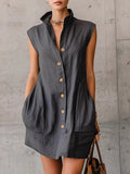 Sleeveless Stand-collar Shirt Dress With Pockets, Vacation Style Short Dress