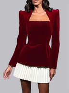 Zipper Long-sleeved Color-blocked Pleated Hem Mini&Short Dresses
