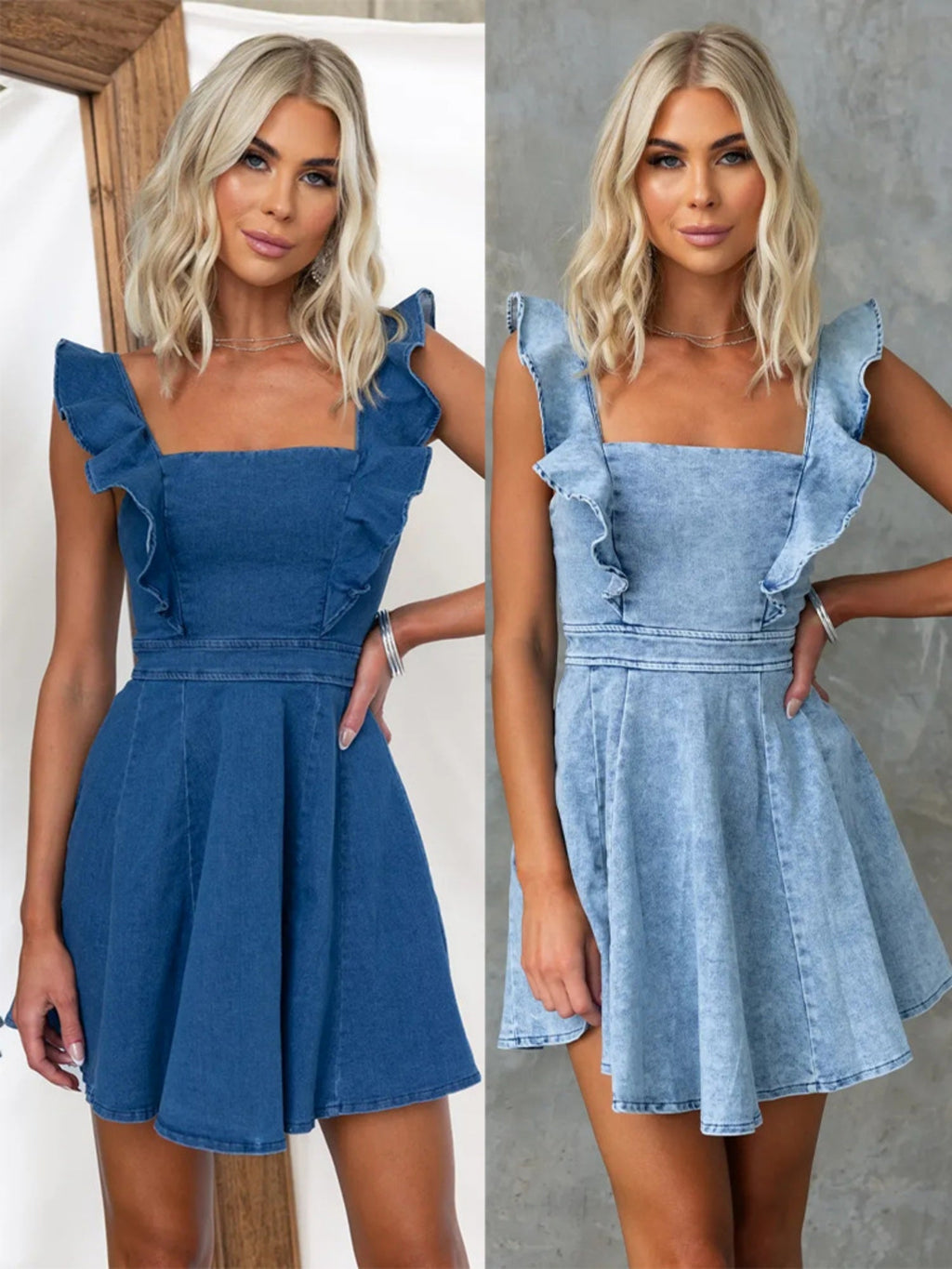 Denim Flying Sleeves Backless Mini&Short Dresses