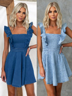 Denim Flying Sleeves Backless Mini&Short Dresses