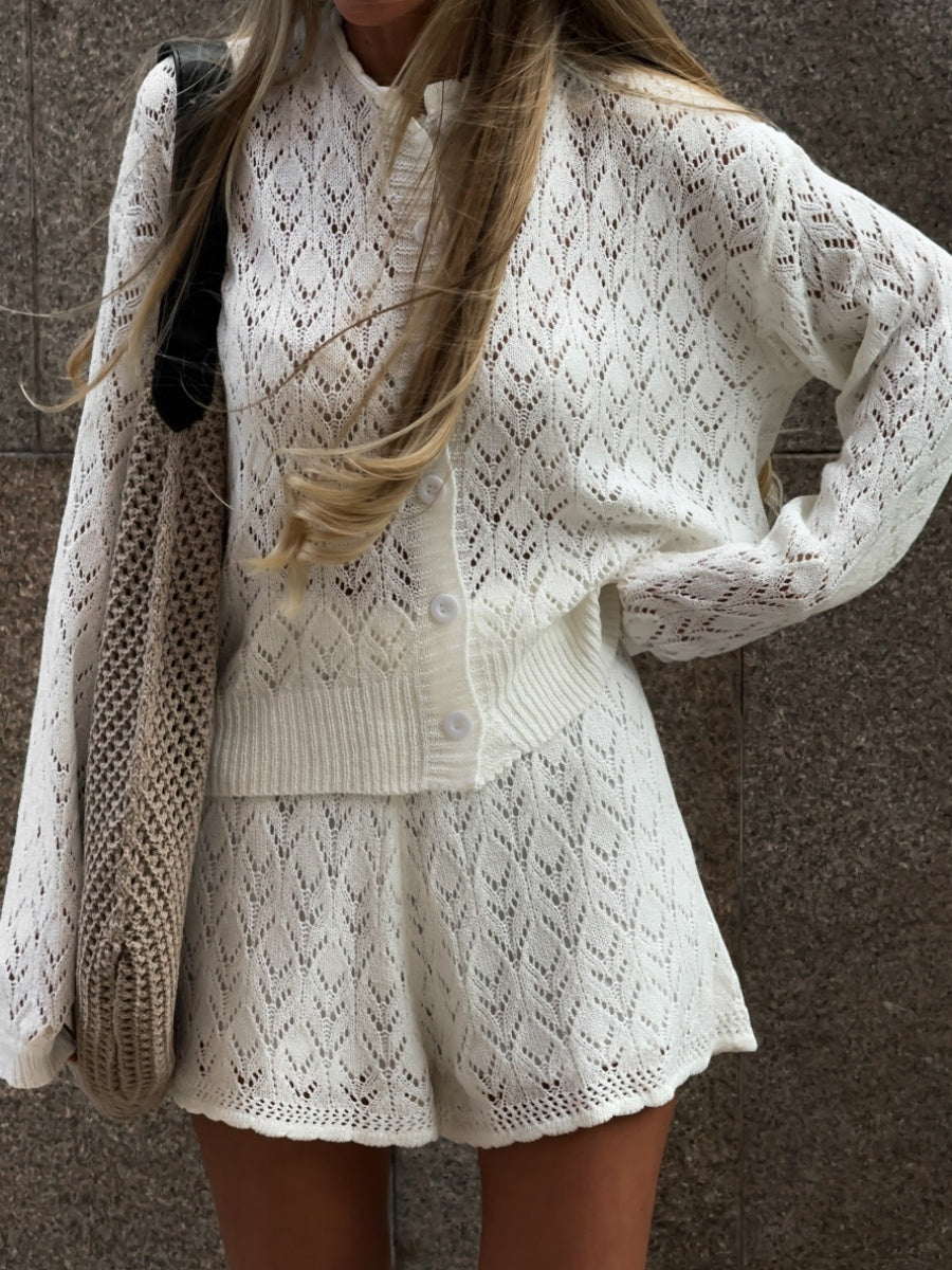 Jacquard Knitting Hollow Cardigan Top Shorts Set 2-piece Sets