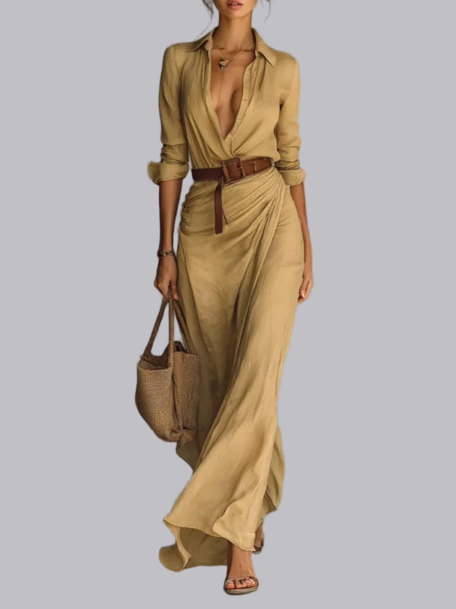Solid Color Irregular Folds With Belt Maxi Dresses