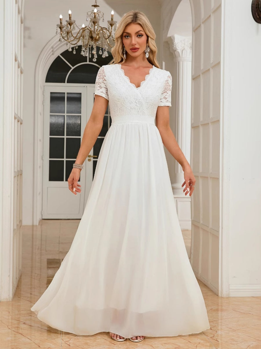 Lace Trim Splicing Chiffon Waist V-neck Maxi Dresses