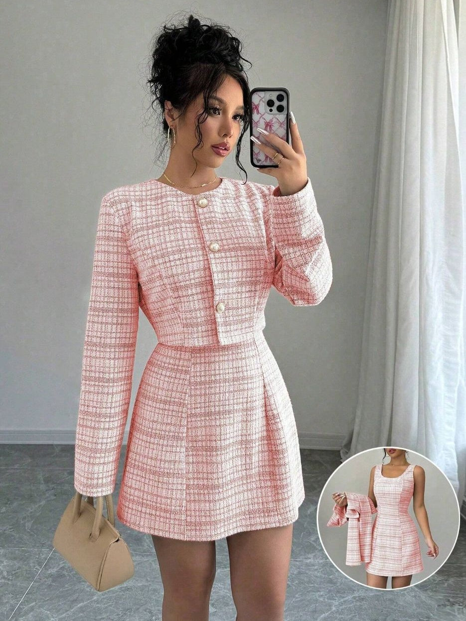 Single-breasted Short Jacket Fitted Dress 2-piece Sets