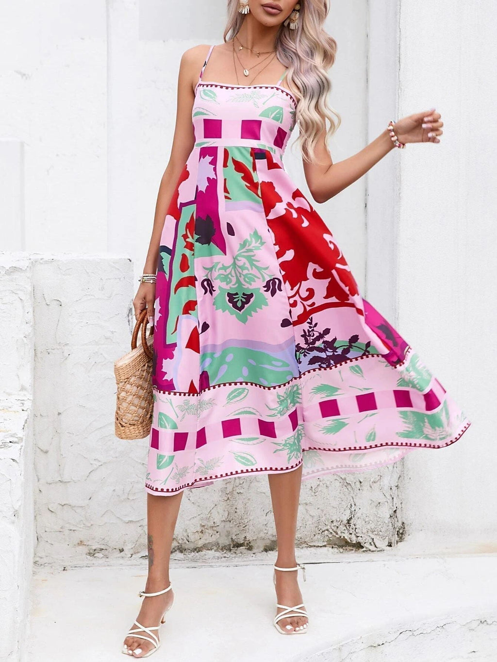 Square Neck Spaghetti Strap Abstract Tropical Print Midi Dress