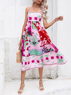 Square Neck Spaghetti Strap Abstract Tropical Print Midi Dress