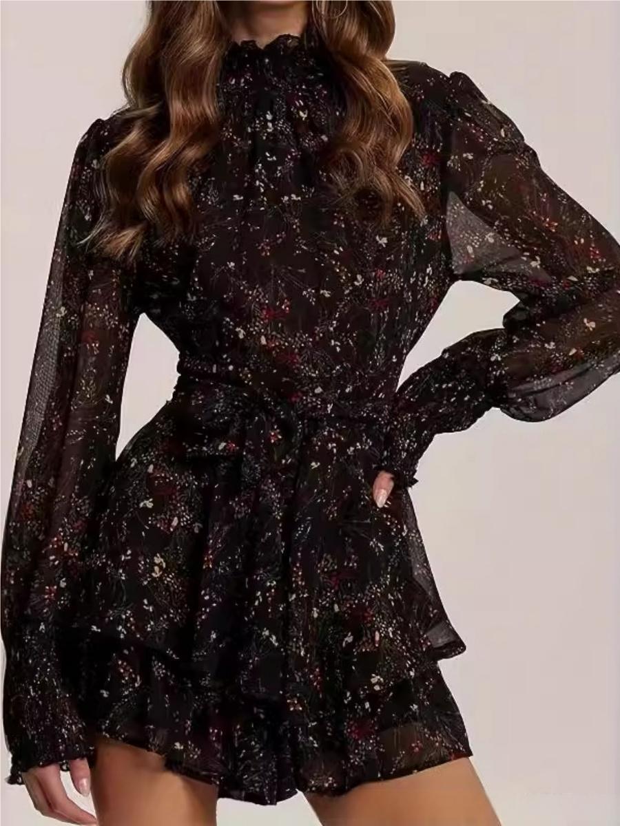 Turtleneck Wood Ear Belts Floral Mini&Short Dresses