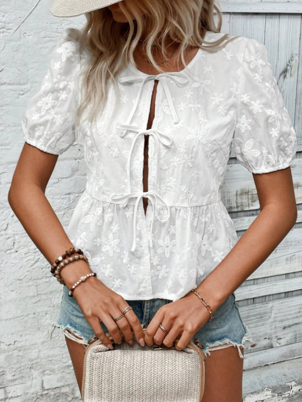 Lace Flowers Bow Tie Hollow Out Round Neck Puff Sleeves T-shirts