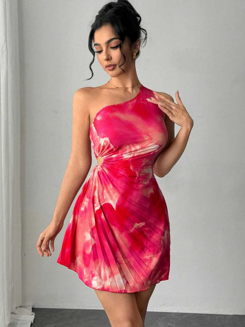 Printed One-shoulder Asymmetrical Neckline Waist-cinching Pleats Mini&Short Dresses