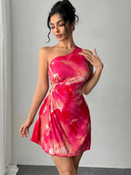 Printed One-shoulder Asymmetrical Neckline Waist-cinching Pleats Mini&Short Dresses