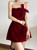 Sequins Backless Strapless Top Bow Zipper Mini&Short Dresses