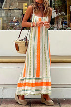 Color Block Printed Ruffle Maxi Cami Dress