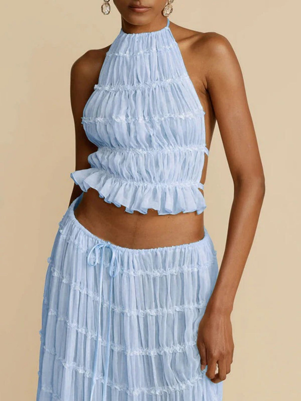 Pleated Sleeveless Backless Halter Neck Full Skirt 2-piece Sets