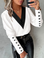 V-neck Solid Color Long-sleeved Button-down Women's Shirt