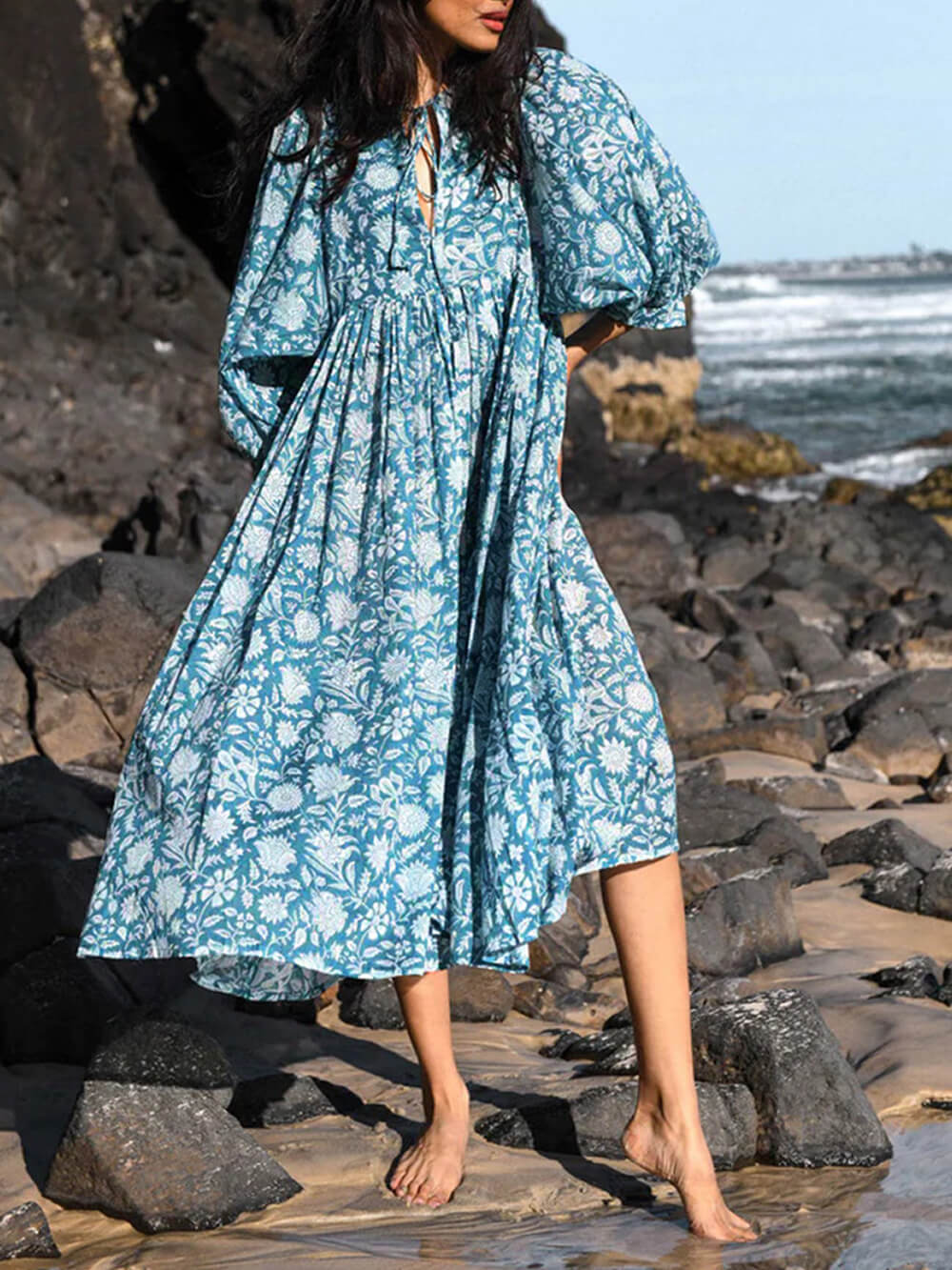 Floral Print Tie Neck Balloon Sleeve Gathered Waist Midi Dress