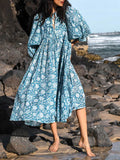 Floral Print Tie Neck Balloon Sleeve Gathered Waist Midi Dress