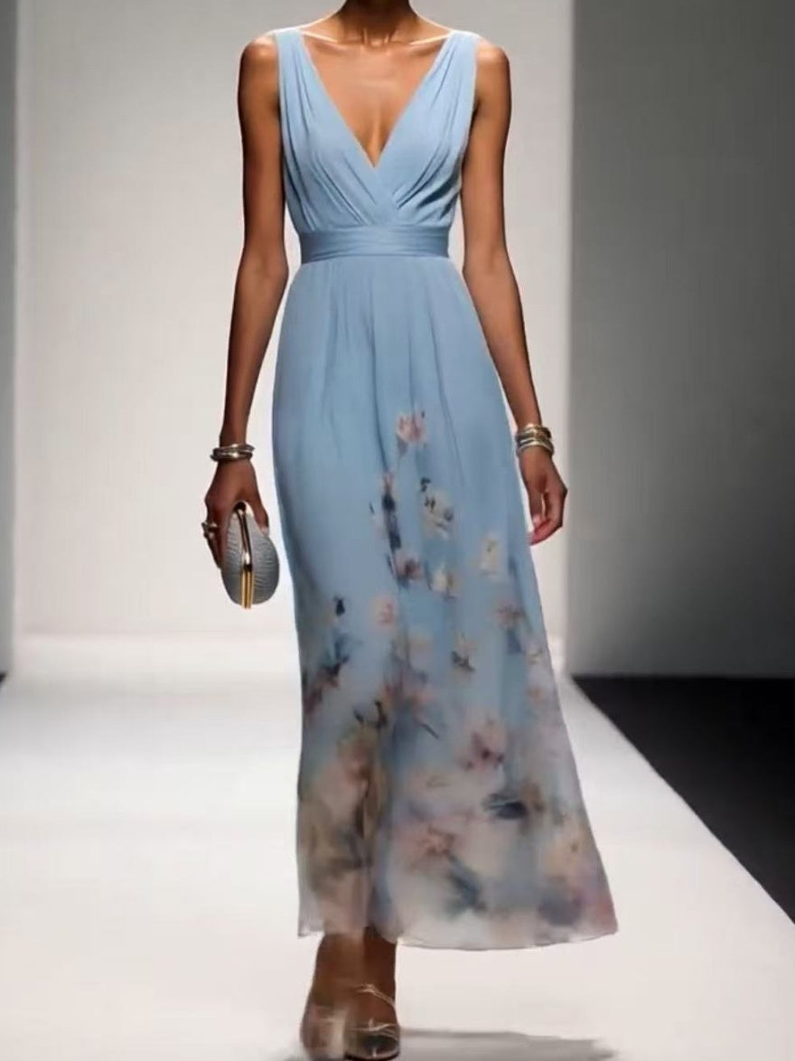 V-neck Sleeveless Floral Print Long Dress