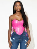 Imitation PU Metallic Luster Herringbone Waist Trainer Sleeveless Tie Strapless Vest