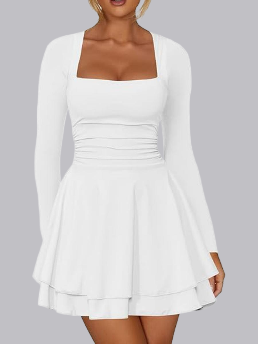 Square Neck Long Sleeves Pleated Solid Color Slim Fit Mini&Short Dresses