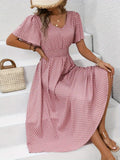 Polka Dots V-neck Waist Shaping Short Sleeves Maxi Dresses