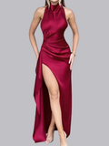 Satin High Fork Crew Neck Halter Backless Pleated Long Dress