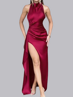 Satin High Fork Crew Neck Halter Backless Pleated Long Dress