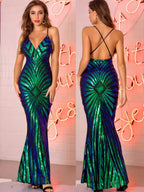 Sexy V-neck Camisoles Retro Sequins Dinner Maxi Dresses