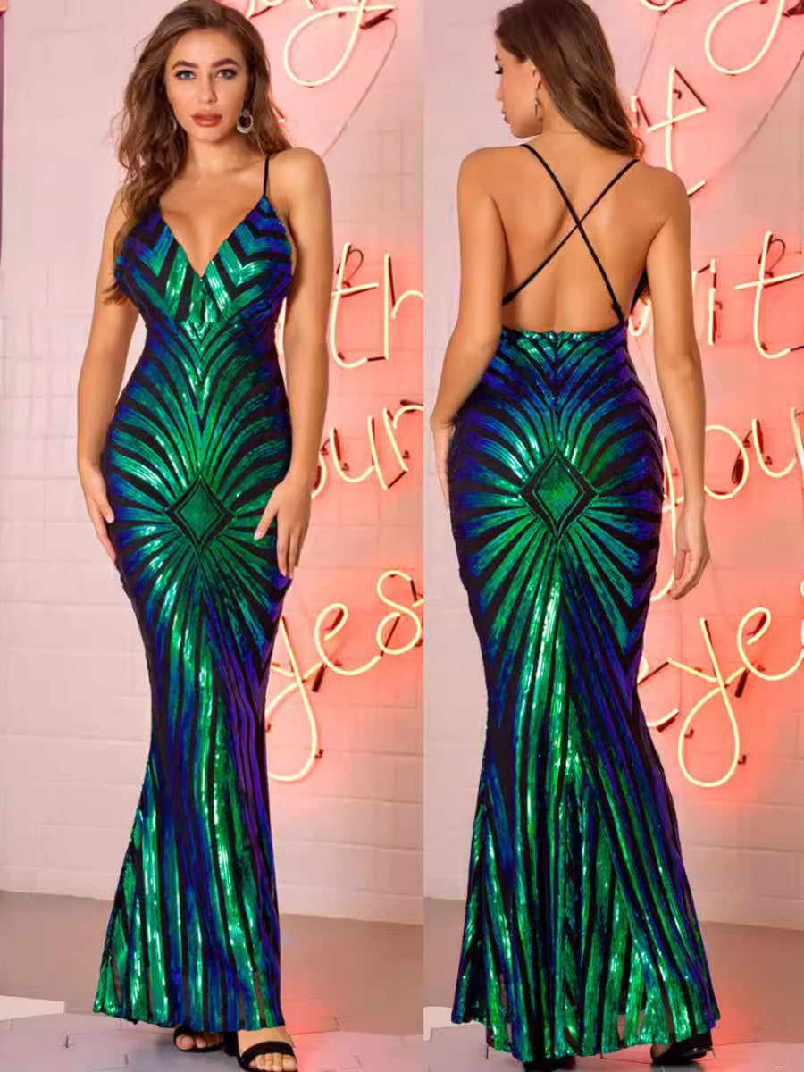 Sexy V-neck Camisoles Retro Sequins Dinner Maxi Dresses