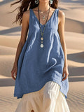 Casual Loose Sleeveless Cotton Linen Solid Color V-neck Long Dress