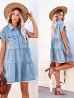Denim Buttons POLO Collar Short-sleeved Shirt Mini&Short Dresses