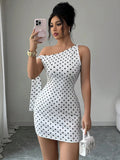 Retro Polka Dots Sloping Shoulders Bandage Hip-hugging Mini&Short Dresses