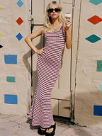 Striped Color Blocking Asymmetrical Neckline And Sleeveless Maxi Dresses