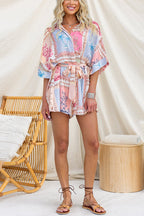 Half Sleeves Button Up Bow Waist Printed Romper