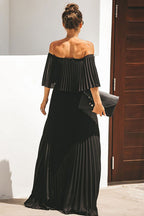 Off Shoulder Pleated Ruffle Overlay Accordion Pleat Maxi Dress